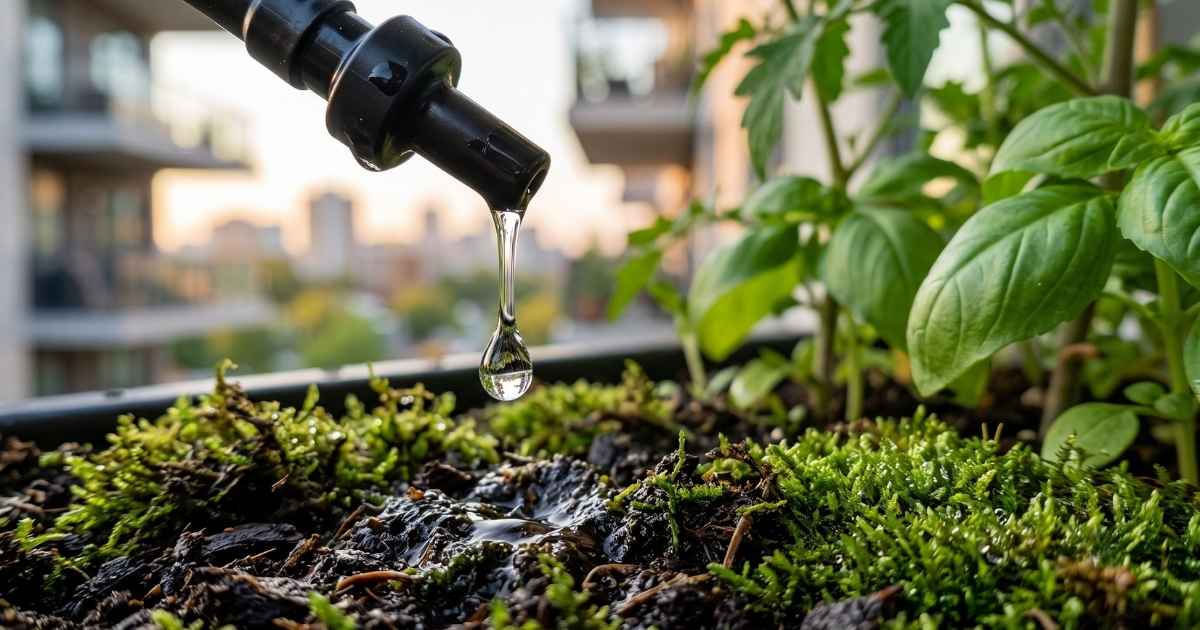 Solar-Bewässerung Micro-Drip-Detail Makroaufnahme eines Wassertropfens, der aus einer schwarzen Micro-Drip-Düse auf feuchtes Moos und Erde fällt, mit unscharfen Basilikumpflanzen im Hintergrund.