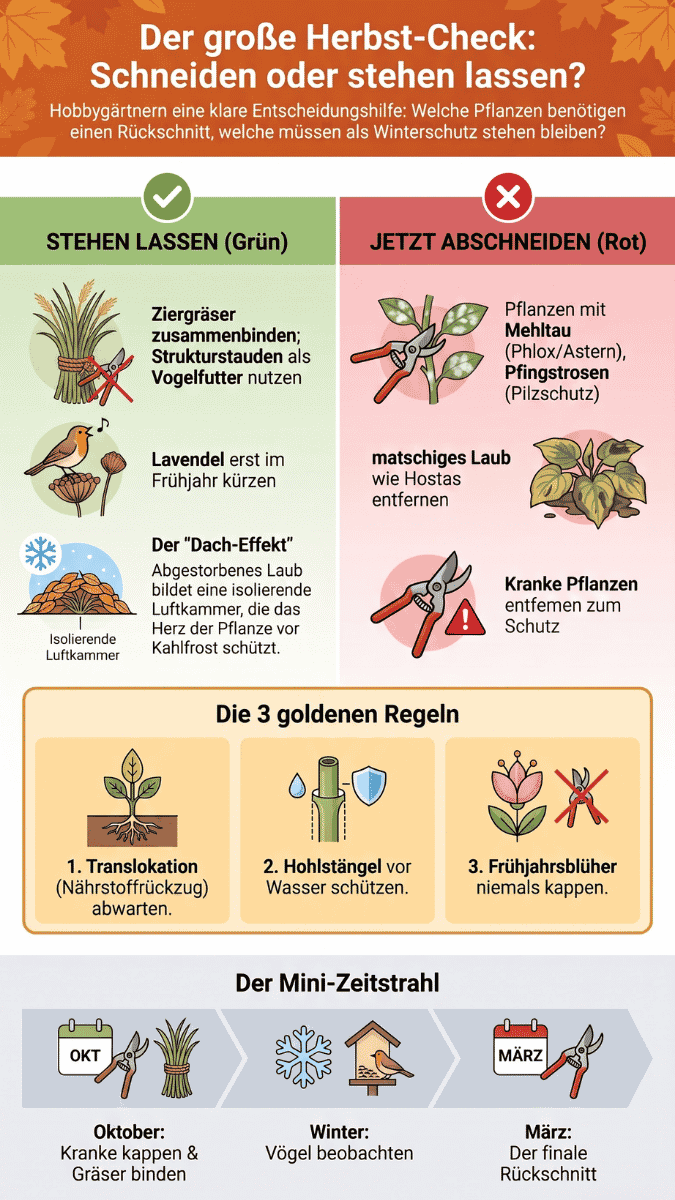 Infografik zum Thema Herbst-Rückschnitt: Übersicht welche Pflanzen im Herbst stehen bleiben sollen und welche abgeschnitten werden, inklusive 3 goldener Schnittregeln und Zeitstrahl von Oktober bis März.