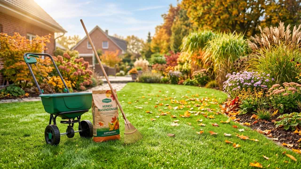 Grüner Düngerstreuwagen, ein Sack Herbstrasendünger und ein Laubrechen auf einer gepflegten, sonnigen Rasenfläche im herbstlichen Garten.