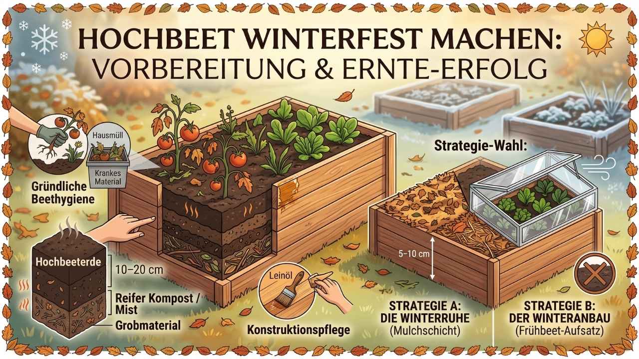 Artikelbild und Infografik: Hochbeete winterfest machen mit Tipps zur Beethygiene, Schichtenaufbau (Erde, Kompost, Grobmaterial), Holzpflege und den Strategien Winterruhe mit Mulch sowie Winteranbau im Frühbeet.