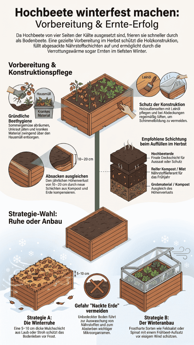 Infografik zur herbstlichen Vorbereitung von Hochbeeten: Beethygiene, Holzschutz mit Leinöl, Schichtenaufbau zum Auffüllen (Grobmaterial, reifer Kompost, Hochbeeterde) sowie Gegenüberstellung von Mulchabdeckung (Winterruhe) und Frühbeet-Aufsatz (Winteranbau).