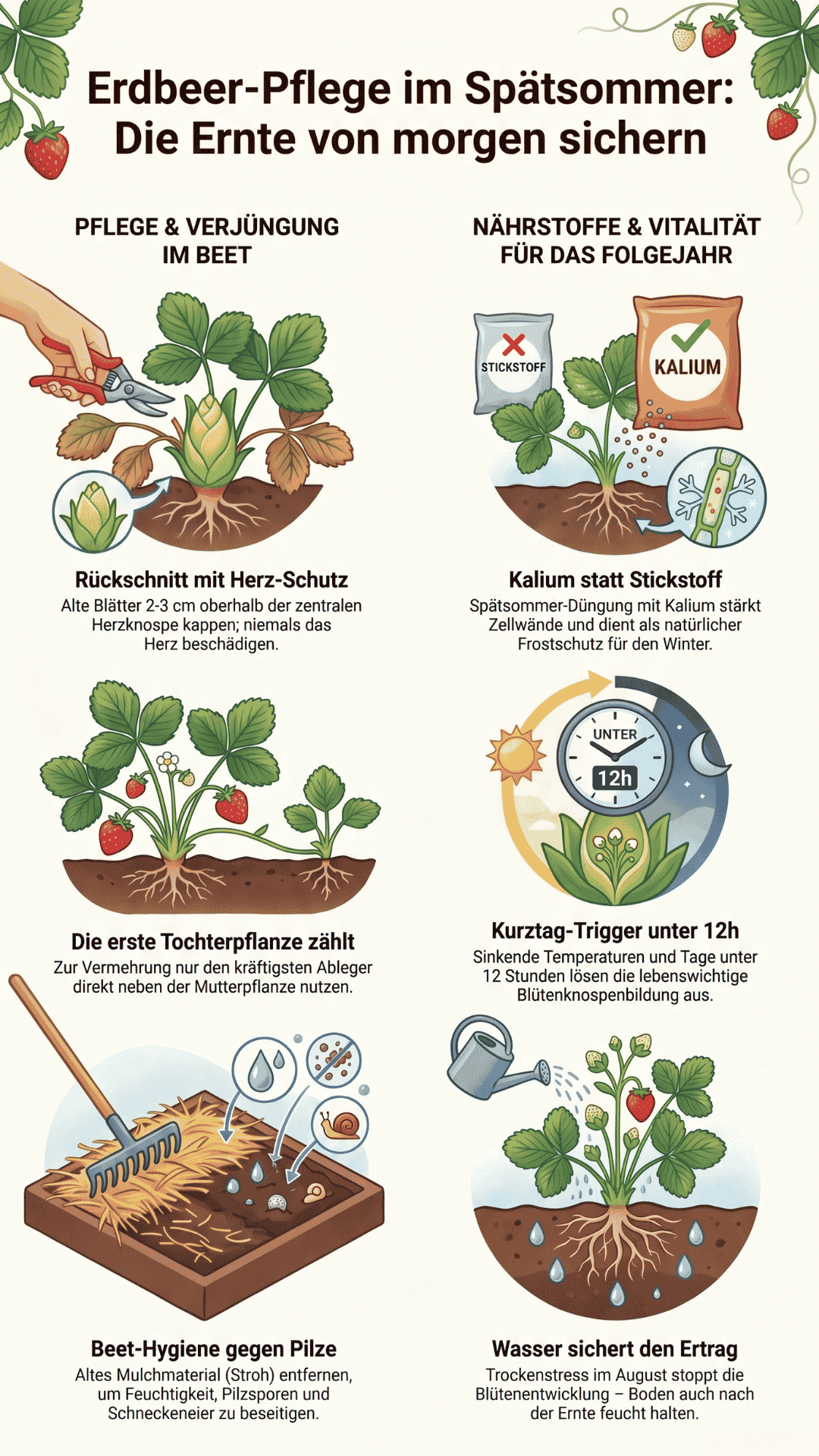Infografik zur Erdbeerpflege im Herbst mit den 4 Schritten: Sommerschnitt, Vermehrung, Düngung und Wasserhaushalt.