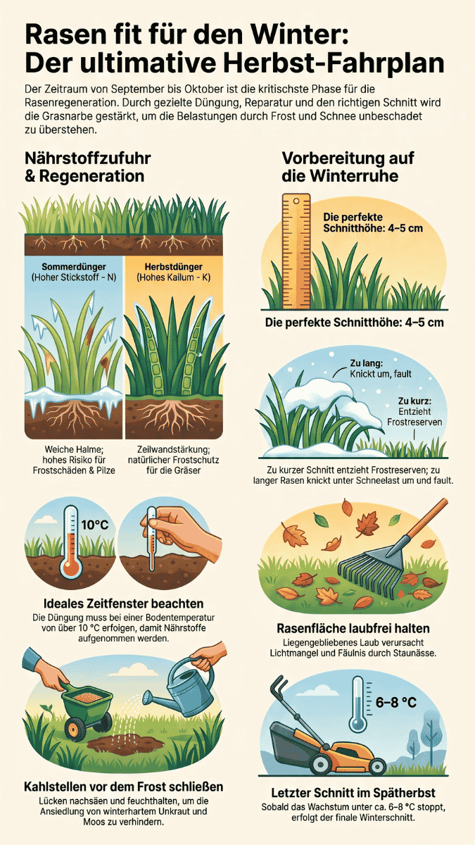 Infografik „Rasen fit für den Winter: Der ultimative Herbst-Fahrplan“. Sie zeigt in zwei Spalten („Nährstoffzufuhr & Regeneration“ und „Vorbereitung auf die Winterruhe“) sechs Pflegeschritte: Vergleich von Sommerdünger mit Stickstoff vs. Herbstdünger mit Kalium, Beachtung der 10-Grad-Bodentemperaturgrenze, Schließen von Kahlstellen durch Nachsaat, die optimale Schnitthöhe von 4 bis 5 cm, das Entfernen von Herbstlaub sowie den finalen Rasenschnitt bei unter 6 bis 8 Grad.