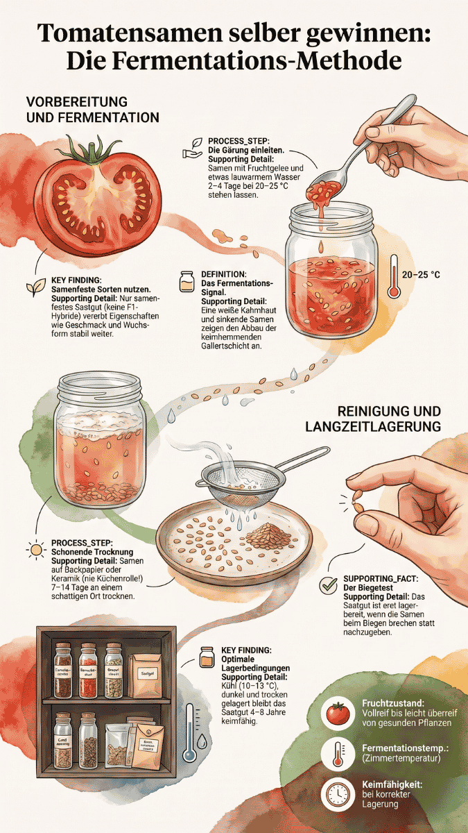 Infografik zur Tomatensamengewinnung mit den 4 Schritten: Fruchtauswahl, Fermentation im Glas, Reinigung im Sieb sowie Trocknung und Lagerung.