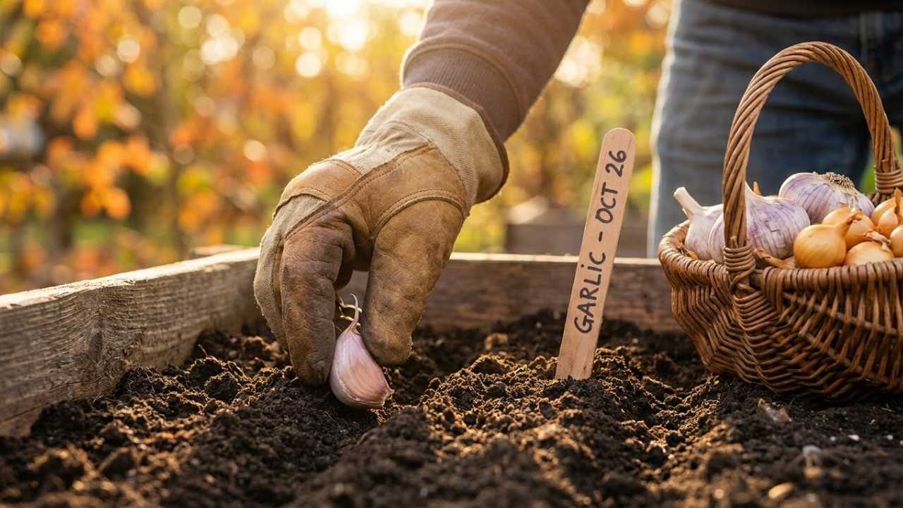Nahaufnahme von Händen in Leder-Gartenhandschuhen, die eine Knoblauchzehe in dunkle Erde eines Hochbeets stecken. Daneben steht ein Reisetkorb mit Knoblauchknollen und Winterzwiebeln vor herbstlichem Hintergrund.