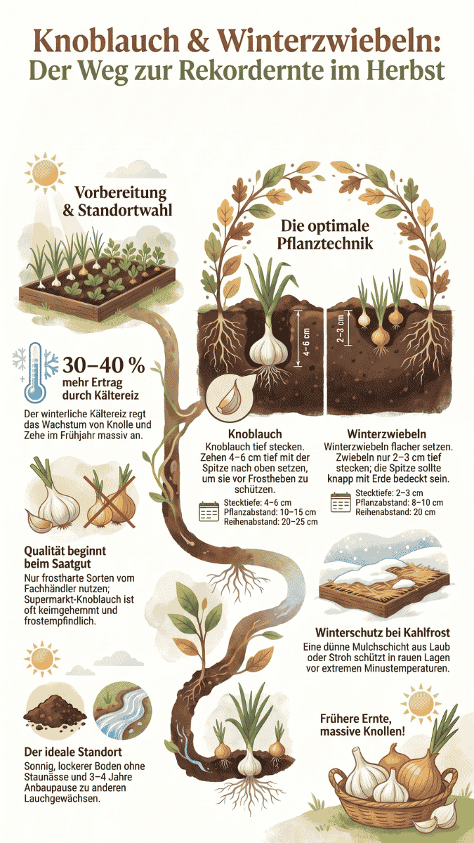 Infografik über das Pflanzen von Knoblauch und Winterzwiebeln im Herbst. Sie zeigt Tipps zu Saatgut, Standort, Pflanzabständen und der optimalen Pflanztiefe im Erdreich.