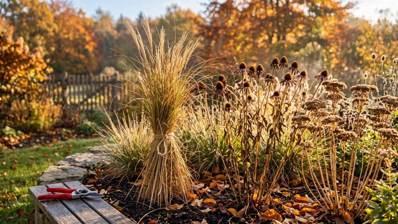Zusammengebundenes Ziergras, stehengelassene Samenstände von Sonnenhut und Fetthenne sowie eine Mulchschicht aus Laub im herbstlichen Gartenbeet.
