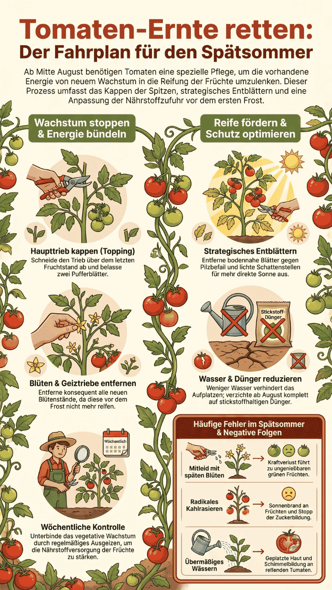 Infografik mit dem Titel "Tomaten-Ernte retten: Der Fahrplan für den Spätsommer". Sie zeigt in zwei Spalten ("Wachstum stoppen & Energie bündeln" und "Reife fördern & Schutz optimieren") fünf wichtige Pflegeschritte mit Illustrationen und Text: Haupttrieb kappen (Topping), Blüten & Geiztriebe entfernen, wöchentliche Kontrolle, strategisches Entblättern sowie Wasser & Dünger reduzieren. Rechts unten befindet sich ein Kasten, der häufige Fehler (Mitleid mit Blüten, radikales Kahlrasieren, übermäßiges Wässern) und deren negative Folgen (Kraftverlust, Sonnenbrand, geplatzte Früchte) erklärt. Der Stil ist illustrativ mit einem Rankenmuster aus Tomaten im Hintergrund.