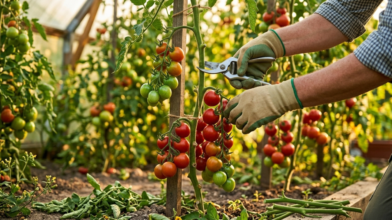 Hände mit Handschuhen und einer Gartenschere kappen den Haupttrieb einer hohen Tomatenpflanze mit grünen und roten Früchten im Spätsommer.