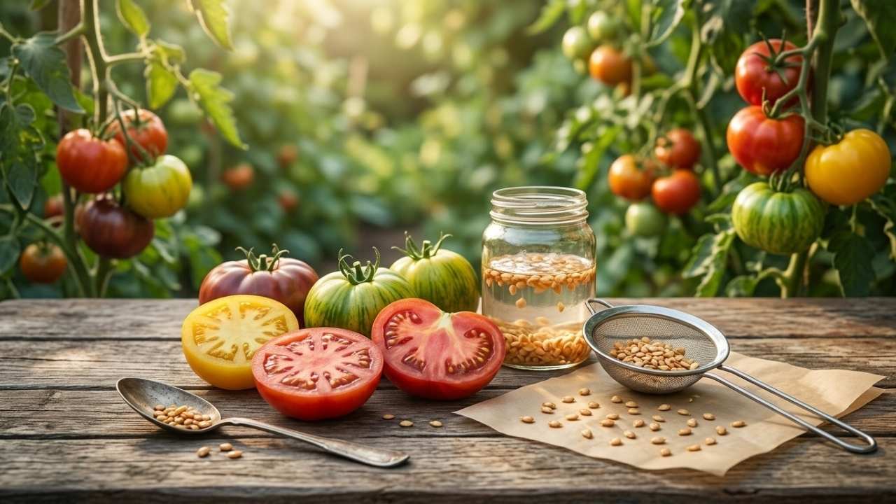 Aufgeschnittene bunte Tomaten, Fermentationsglas mit Samen, feines Sieb und trocknende Tomatensamen auf einem rustikalen Holztisch im Garten.