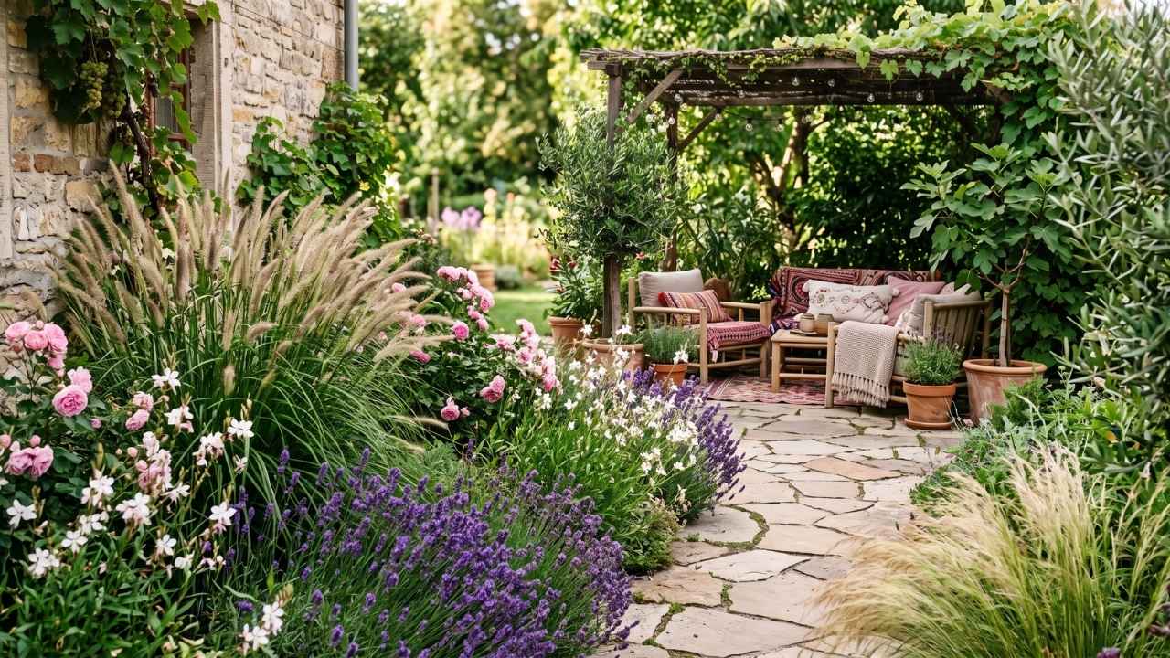 Botanische Umrahmung für die Gartenoase Blick durch eine üppige Gartenbepflanzung mit Lavendel, Rosen und Gräsern auf eine gemütliche Boho-Sitzecke mit Pergola