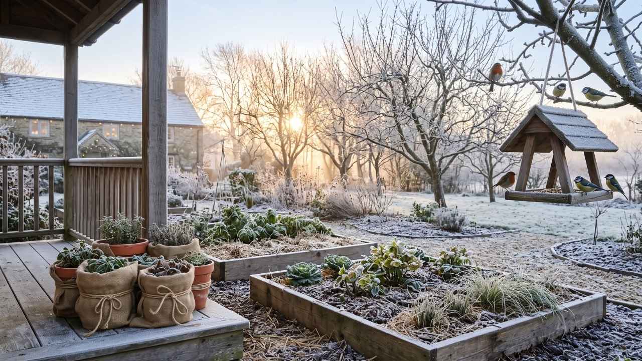 Vorbereiteter Garten im Winter bei Sonnenaufgang mit bereiften Hochbeeten, in Jutesäcke eingepackten Kübelpflanzen und einem Vogelhäuschen im Baum.