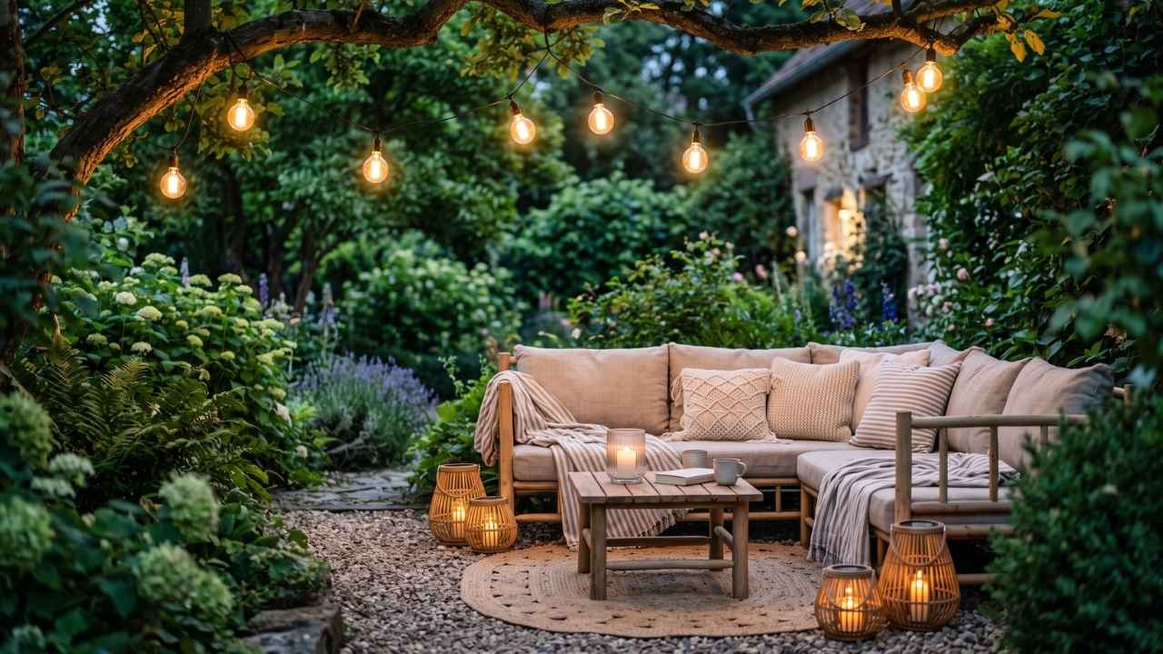 Stimmungsvolle Beleuchtung – Lichterketten und Laternen für den Garten Gemütliche Gartensitzecke in der Abenddämmerung mit warm leuchtenden Lichterketten und Rattan-Solarlaternen