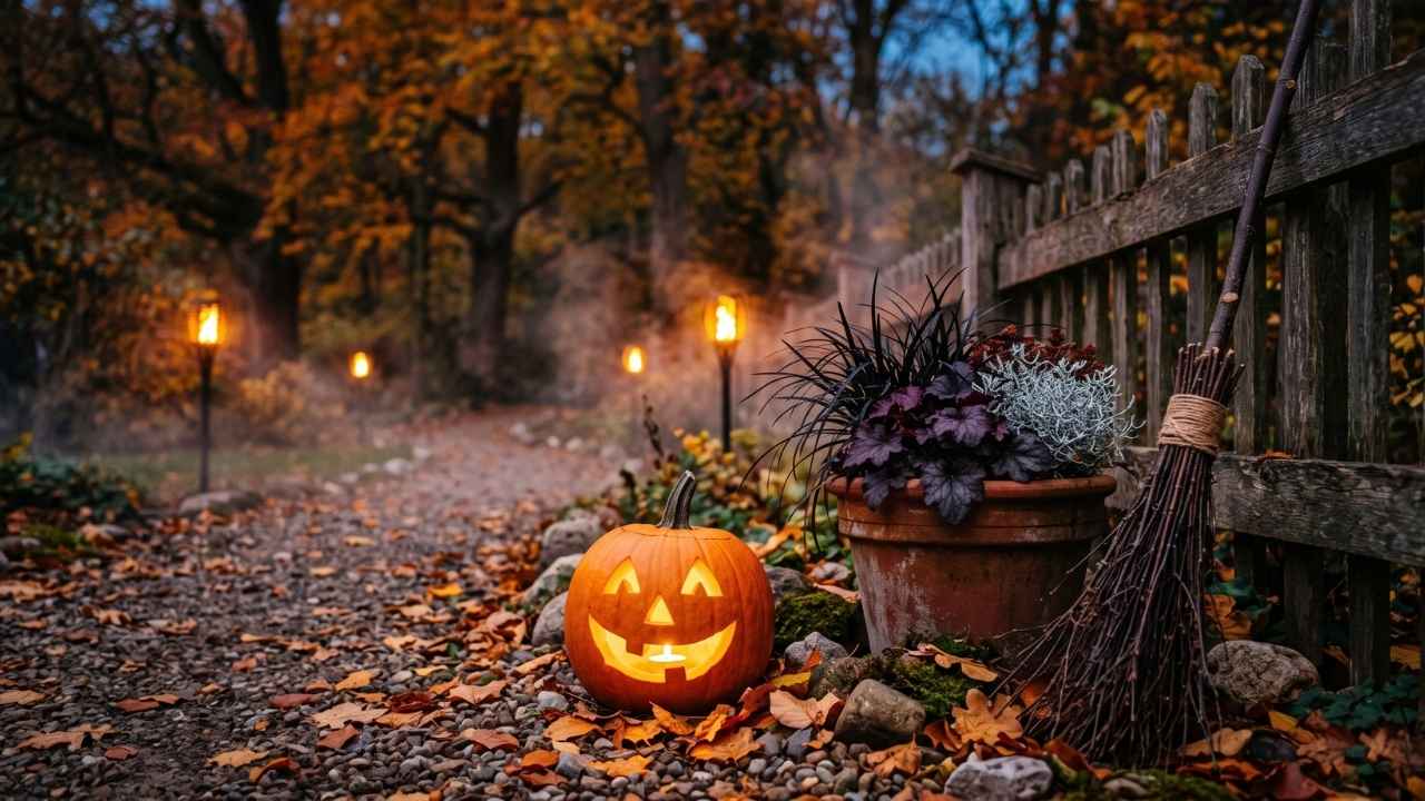 Stimmungsvolle Halloween-Gartendeko mit geschnitztem Leuchtkürbis, dunklem Hexenkübel und handgebundenem Reisigbesen am Holzzaun
