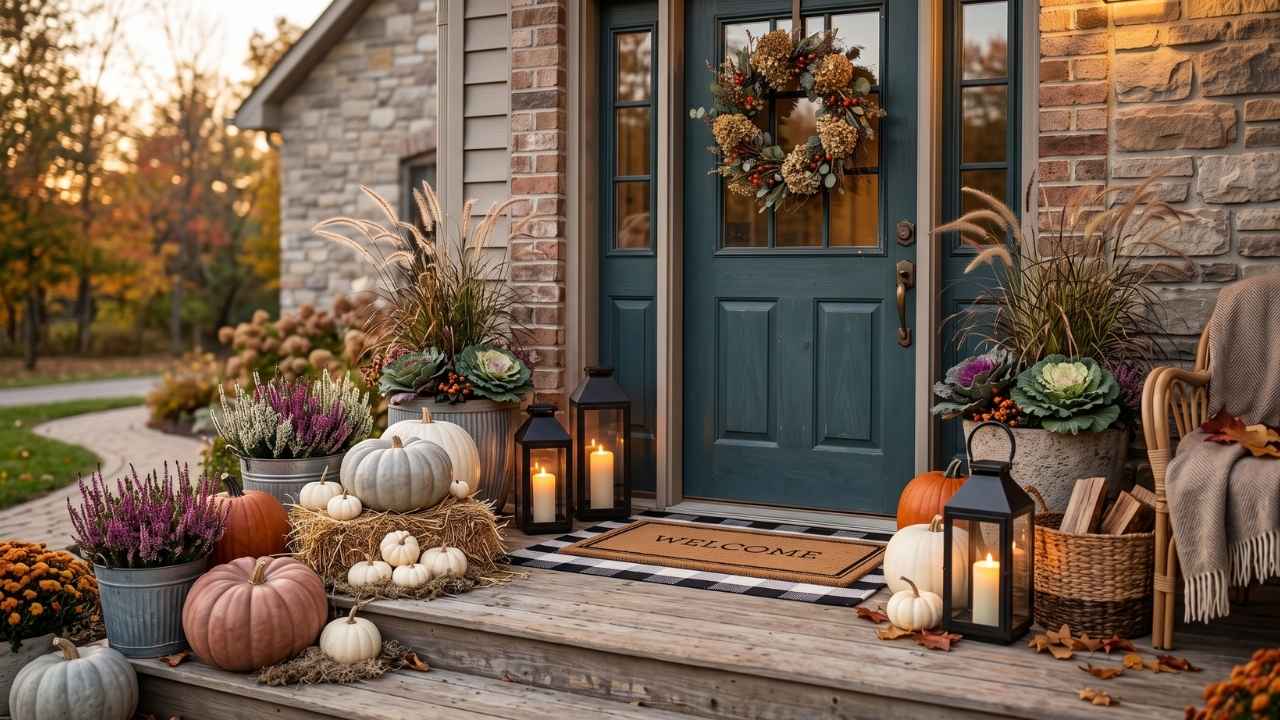 Stilvolle Herbstdeko am Hauseingang mit Laternen, Kürbissen auf Stroh, bepflanzten Zinkkübeln und Türkranz auf der Verandatreppe.