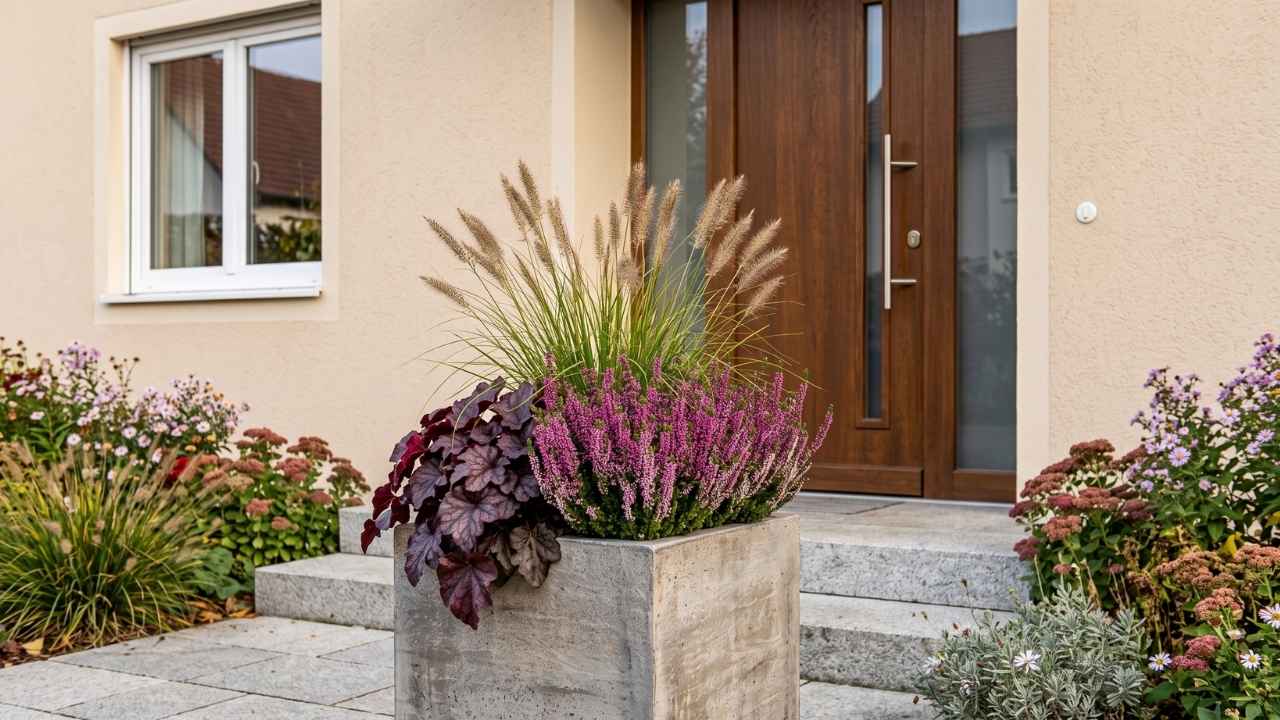 Herbstliche Kübelbepflanzung mit rosa Knospenheide, Ziergras und Purpurglöckchen auf einer Granittreppe vor der Haustür