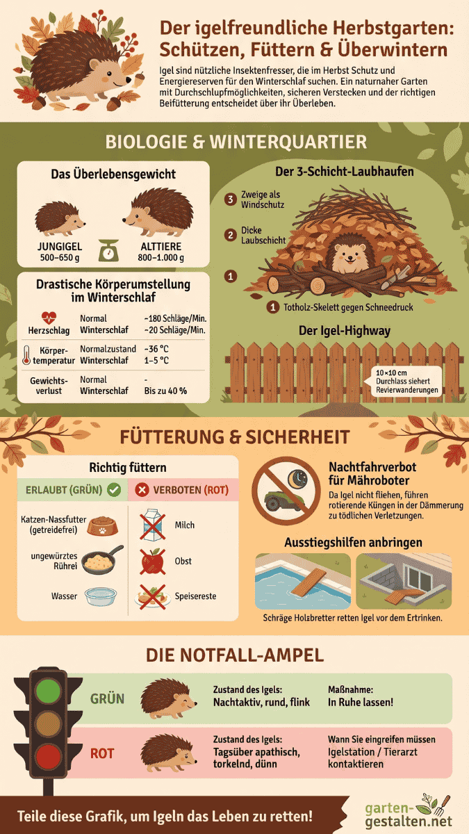 Infografik: Igelfreundlicher Garten im Herbst – Übersicht zu Winterquartier, artgerechter Fütterung, Gartenfallen und Notfall-Checkliste