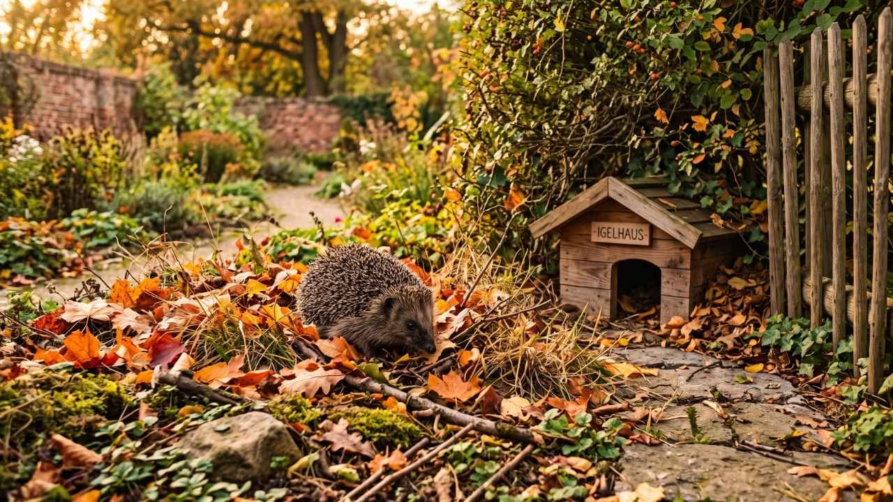 Europäischer Igel im herbstlichen Naturgarten neben einem Holz-Igelhaus und buntem Herbstlaub