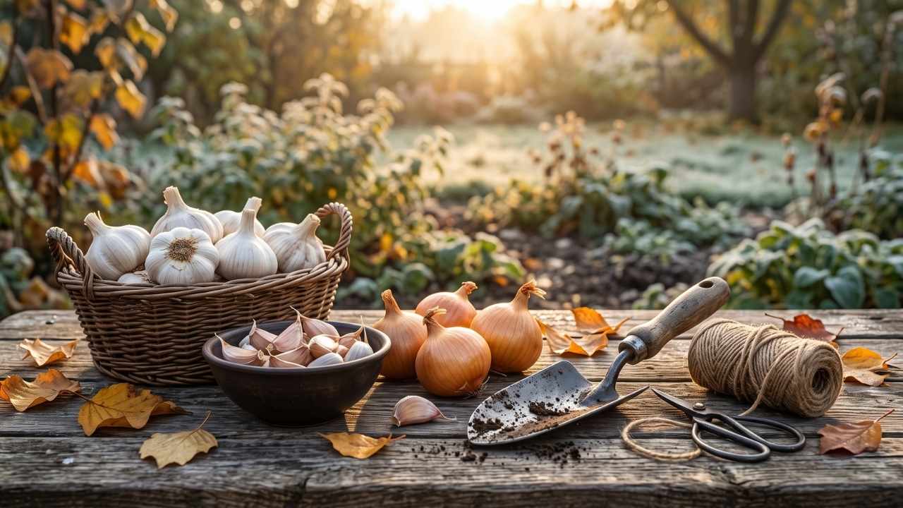Pflanzknoblauch, Knoblauchzehen und Wintersteckzwiebeln mit Pflanzkelle auf einem rustikalen Holztisch vor einem herbstlichen Gemüsebeet