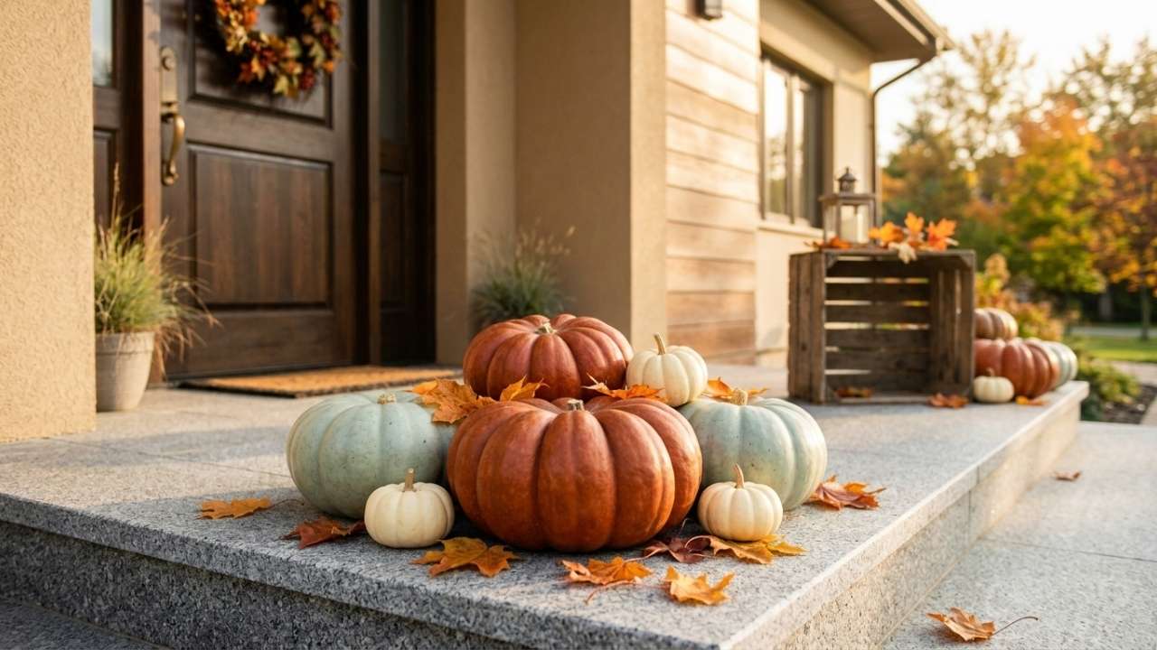 Herbstliche Kürbisdekoration mit gerippten Muskatkürbissen und weißen Baby Boo Kürbissen auf Granitstufen vor der Haustür