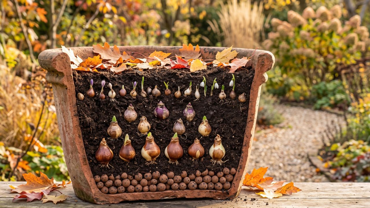 Querschnitt durch einen Terracotta-Pflanzkübel mit Schichten aus Drainage, Blumenerde und Blumenzwiebeln nach der Lasagnen-Methode