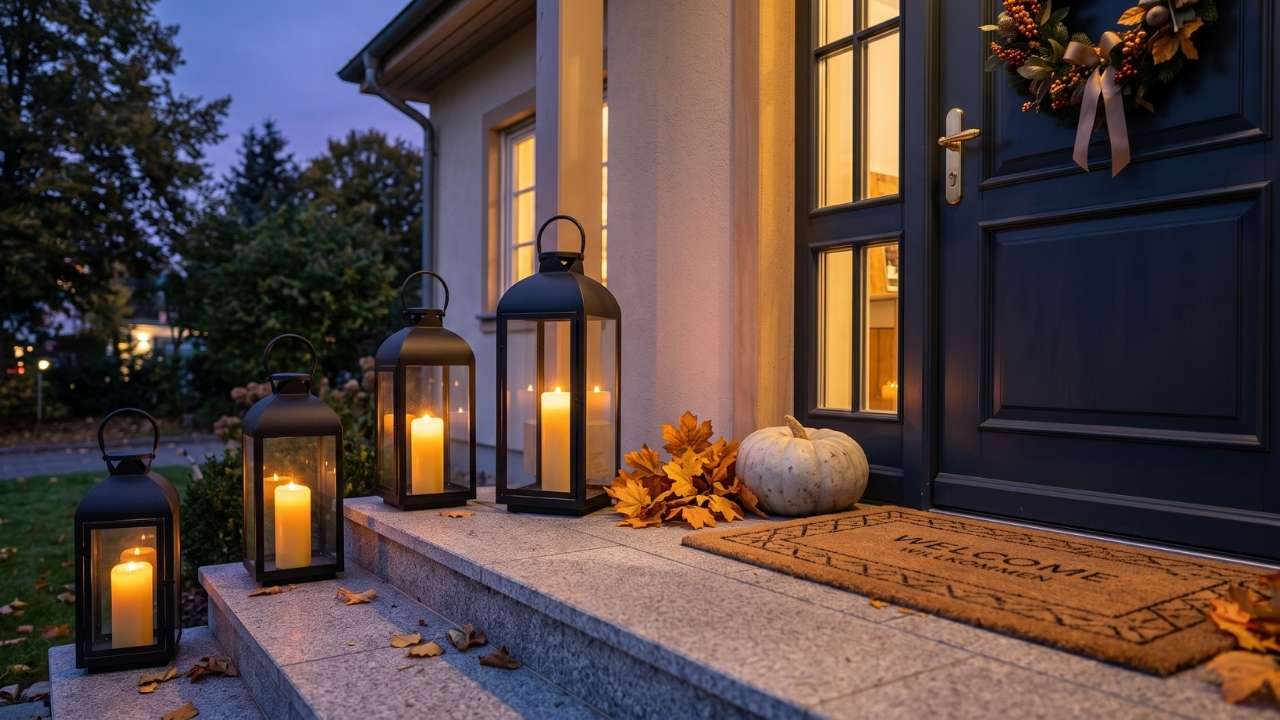 Herbstlich dekorierter Hauseingang in der Abenddämmerung mit leuchtenden schwarzen Laternen, Kürbissen und gemusterter Fußmatte