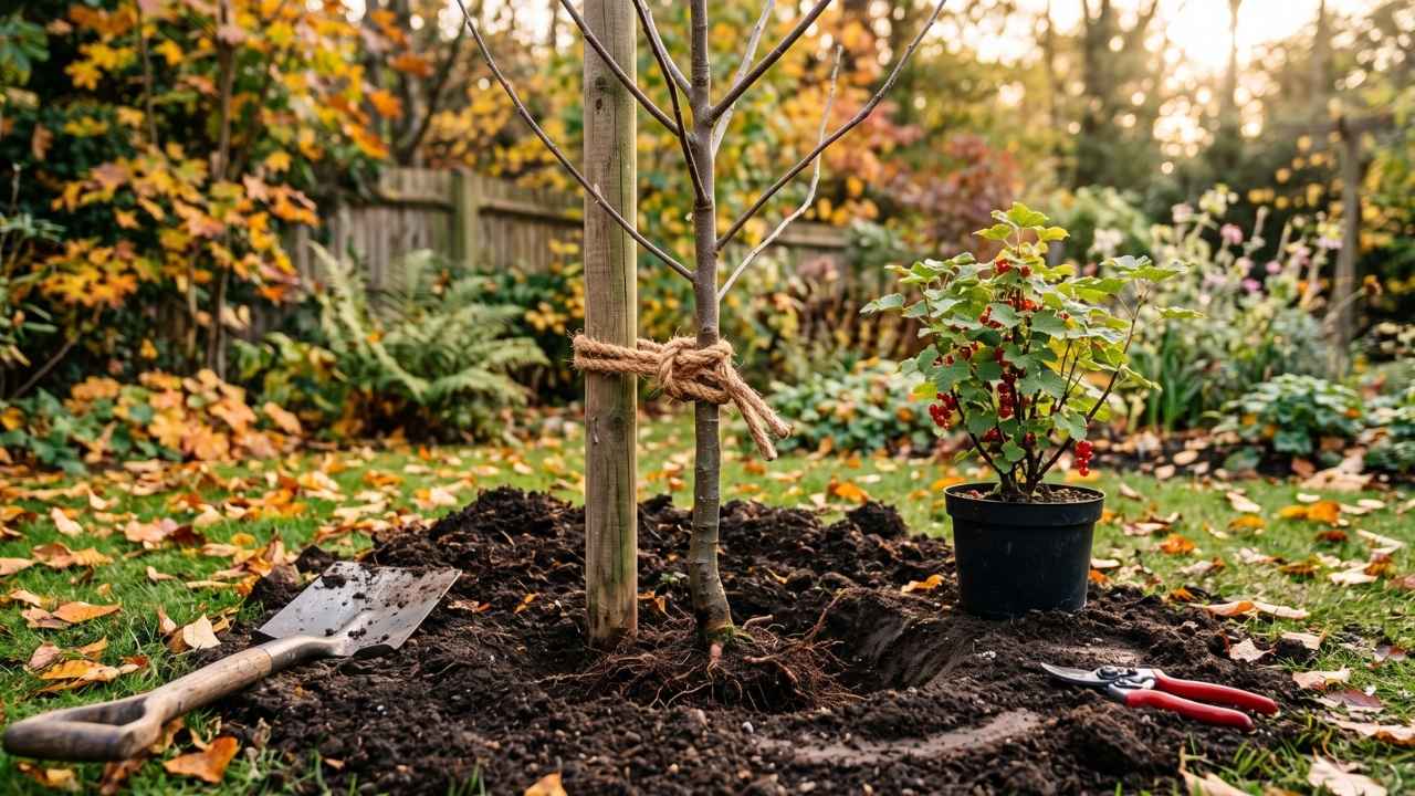 Obstbäume und Beerensträucher im Herbst pflanzen – frisch gesetzter Apfelbaum mit Baumpfahl und Gießrand im Garten.