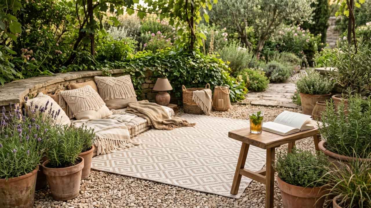 Gemütliche Outdoor-Textilien – Teppich und Kissen für die Gartenecke Wetterfester Outdoor-Teppich im Boho-Muster mit beigen Kissen und Holz-Beistelltisch in einer gemütlichen Gartensitzecke