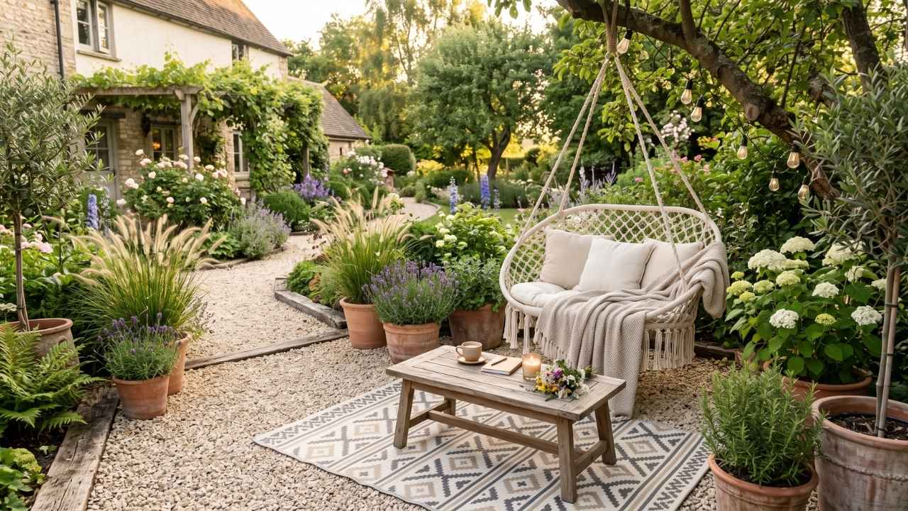 Gemütliche Sitzecke im Garten im Boho-Look mit Makramee-Hängesessel, Outdoor-Teppich, Lichterketten und Ziergräsern
