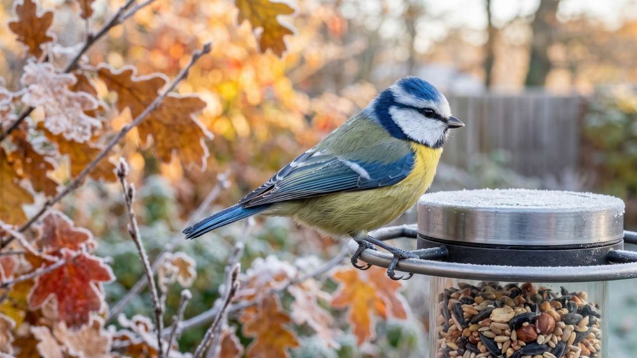 Blaumeise an einer hygienischen Futterstelle im herbstlich-winterlichen Garten – Vögel füttern im Winter