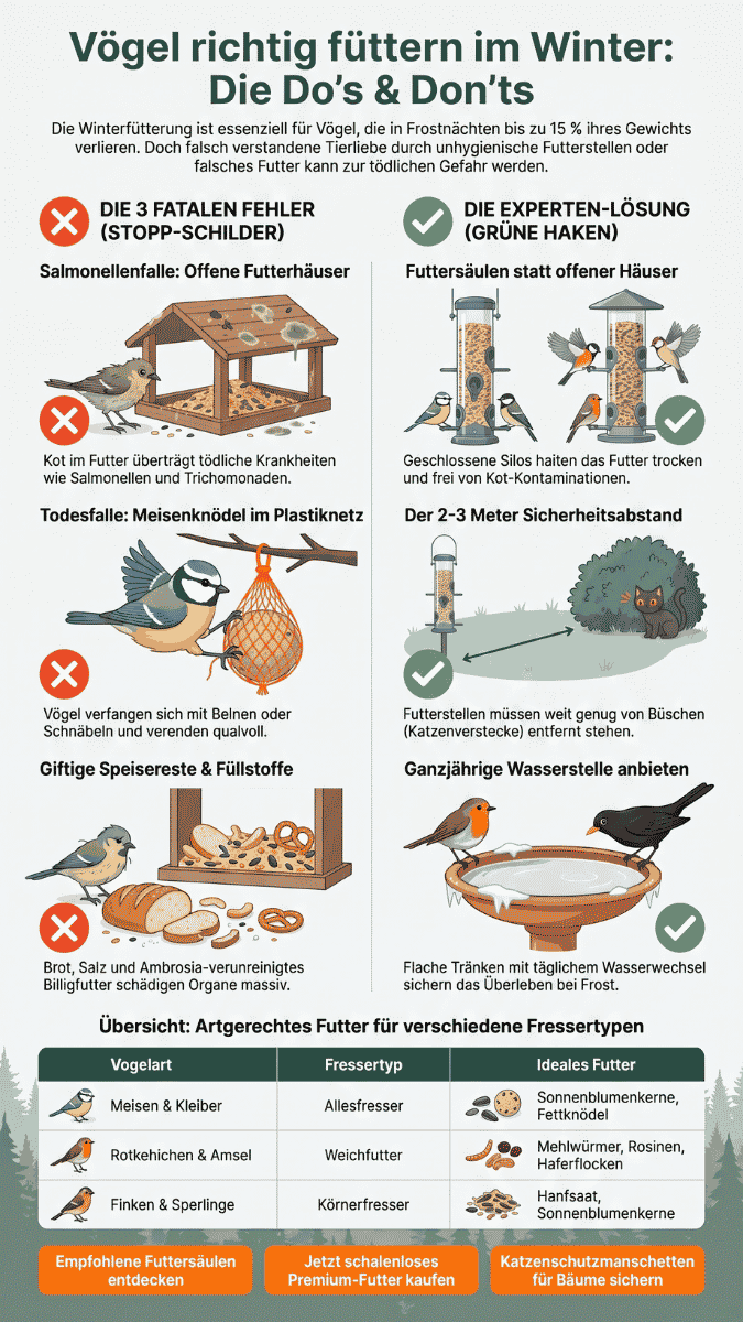 Infografik: Vögel füttern im Winter – Do's & Don'ts Übersicht Infografik: Vögel richtig füttern im Winter – Die Do's and Don'ts zu Futterstellen, Hygiene, artgerechtem Futter und Katzenschutz