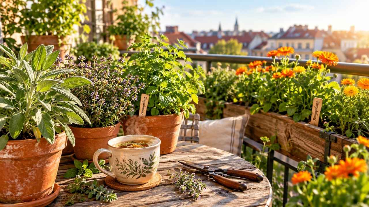 Frische Heilkräuter wie Salbei, Thymian, Zitronenmelisse und leuchtende Ringelblumen in Terracotta-Töpfen und Holzkästen auf einem sonnigen Stadtbalkon neben einer dampfenden Tasse Kräutertee.