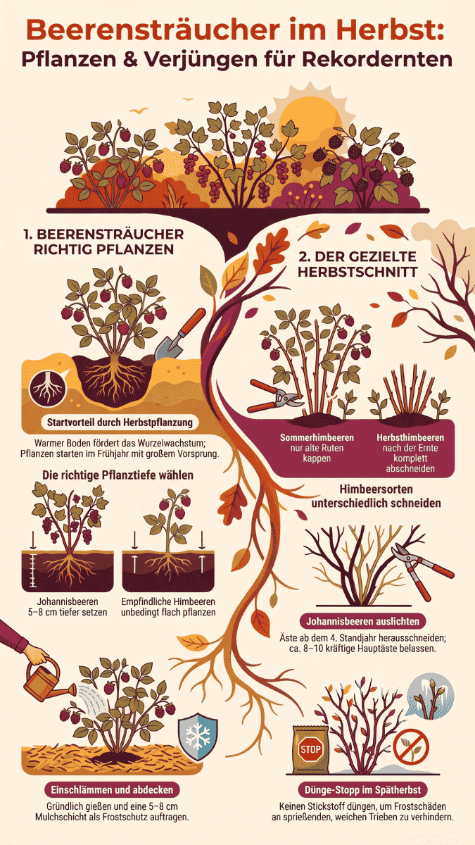 Infografik über das Pflanzen und Verjüngen von Beerensträuchern im Herbst: Startvorteil durch warme Böden, Pflanztiefen für Himbeeren und Johannisbeeren, Herbstschnitt und Frostschutz.   