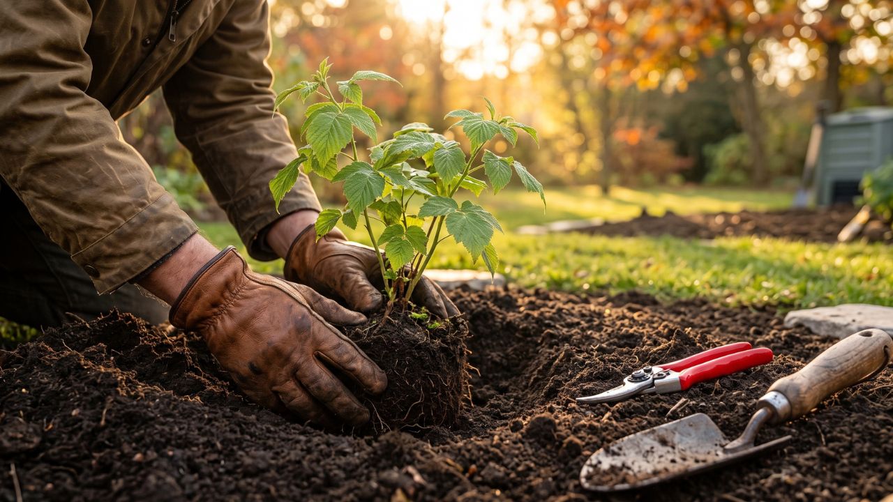 Gärtner mit Lederhandschuhen setzt beim Pflanzen von Beerensträuchern im Herbst eine junge Himbeerpflanze mit Wurzelballen in die Erde, daneben liegen eine rote Gartenschere und eine Handschaufel.