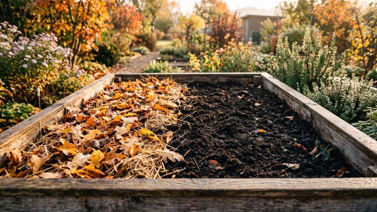 Hochbeet im Herbst mit dunkler Humuserde, schützender Laubschicht und Strohmulch im warmen Sonnenlicht