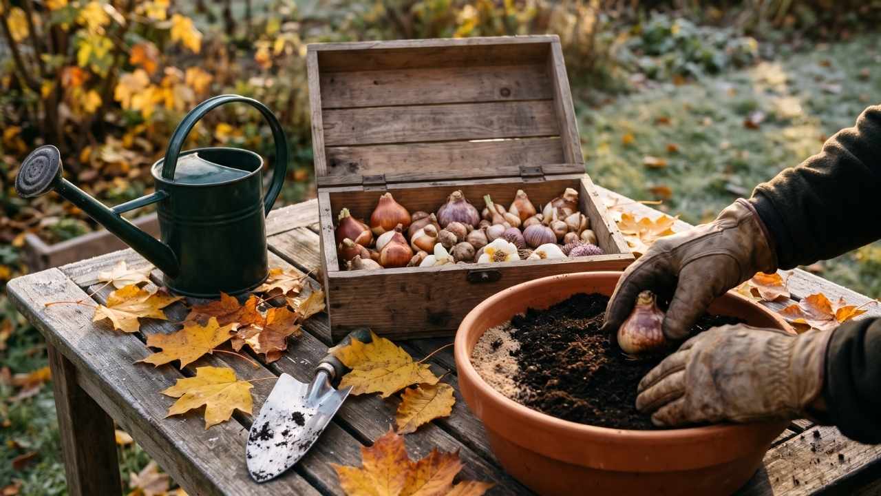 Hände mit Leder-Gartenhandschuhen setzen im Spätherbst eine Blumenzwiebel in eine Pflanzschale mit Erde und Sanddrainage, daneben eine Holzkiste mit Zwiebeln, Herbstlaub und eine grüne Gießkanne.