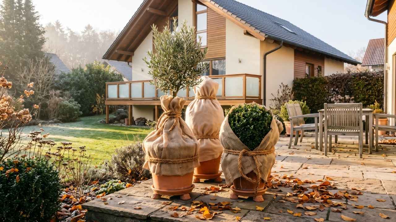 Garten winterfest machen: Geschützte Kübelpflanzen auf Terrasse vor deutschem Einfamilienhaus im Spätherbst