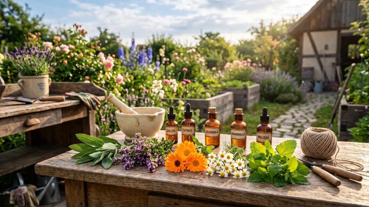 Frische Heilkräuter wie Salbei, Thymian, Ringelblume und Kamille mit beschrifteten Tropfflaschen, Mörser und Schnur auf einem rustikalen Holztisch im Bauerngarten.