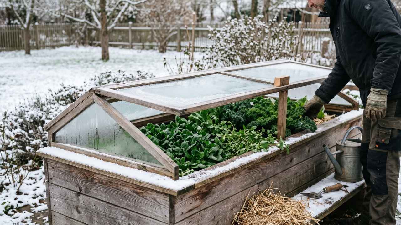 Gärtner öffnet bei leichtem Schnee den hölzernen Frühbeetaufsatz eines Hochbeets mit frischem Feldsalat und krausem Grünkohl[cite: 4]
