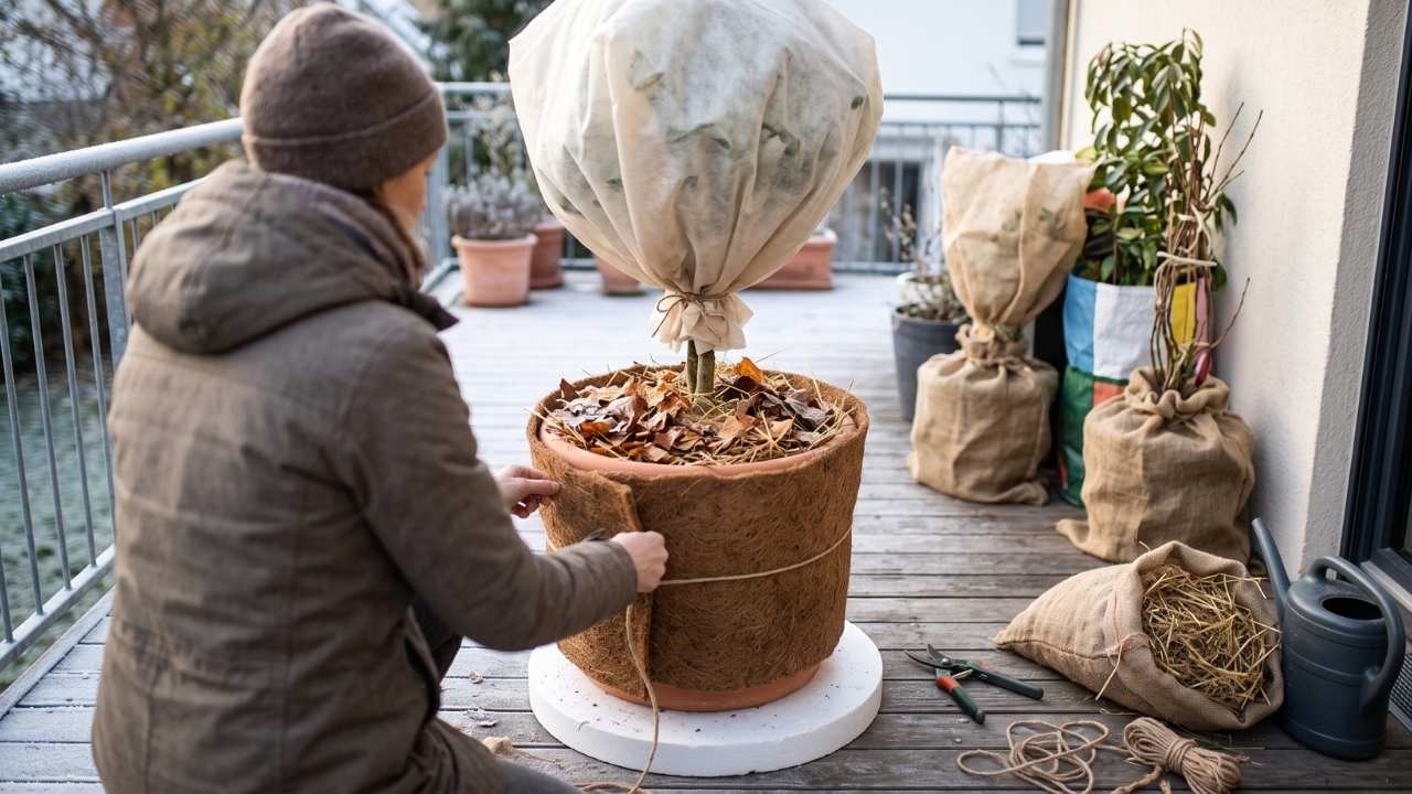 Person wickelt eine Kokosmatte um einen großen Pflanzkübel auf einer frostigen Terrasse zum Schutz vor Frost