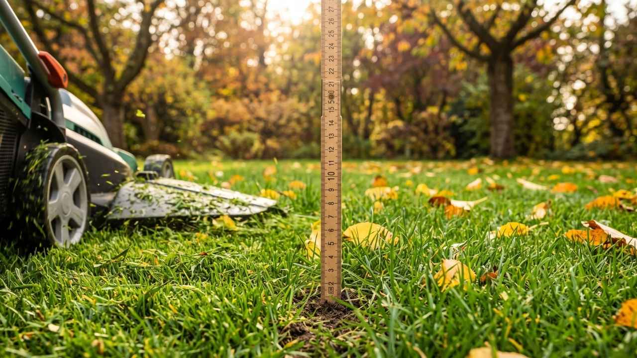 Ein Holzgliedermaßstab misst die optimale Schnitthöhe von 5 cm bei einem gepflegten Herbstrasen