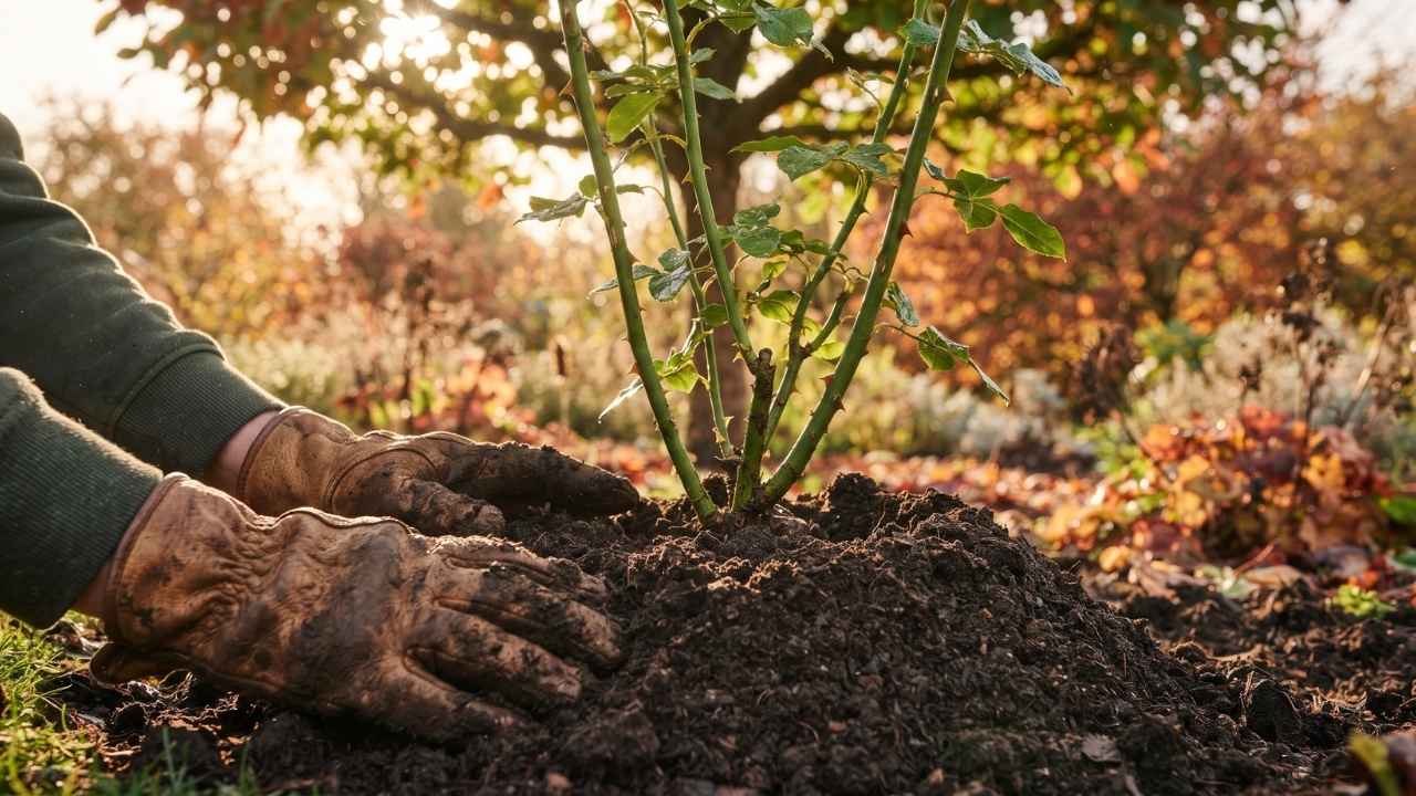 Hände in Gartenhandschuhen häufeln im Herbst reiche Komposterde an die Basis eines gesunden Rosenbuschs zum Winterschutz.