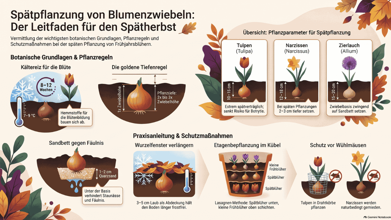 Infografik zur Spätpflanzung von Blumenzwiebeln: Pflanzregeln, Kältereiz, Pflanztiefe für Tulpen, Narzissen und Zierlauch sowie Tipps zu Sanddrainage, Lasagnen-Methode und Wühlmausschutz.
