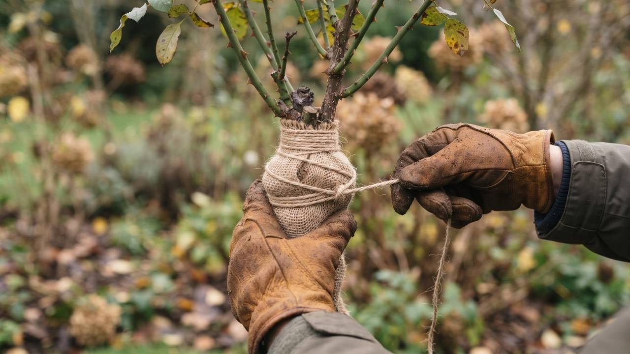 Hände in professionellen Leder-Gartenhandschuhen binden Jute-Stoff mit einer Kordel sicher um die Veredelungsstelle einer Stammrose.