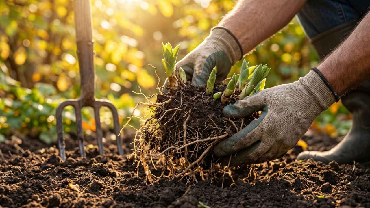 Gärtner hebt im Herbst den kräftigen Wurzelballen einer Staude zur Teilung und Verjüngung aus der Erde