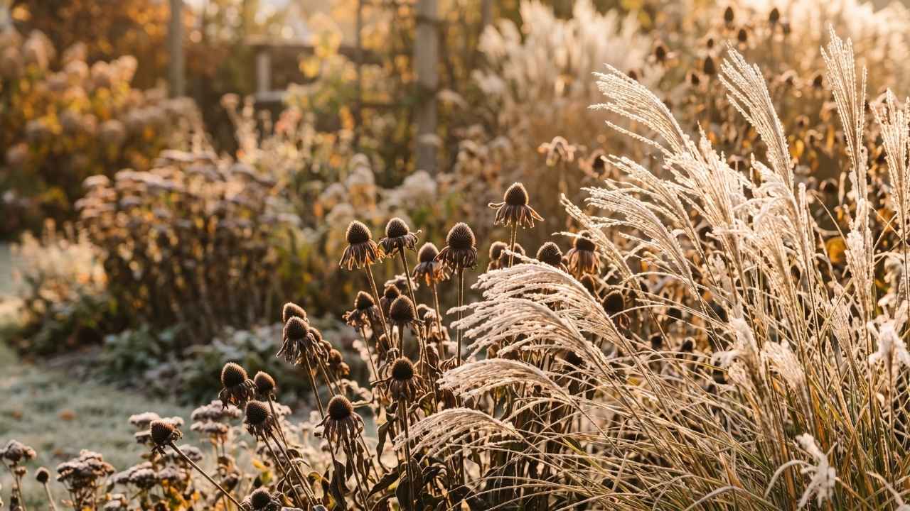 Verblühte Stauden und Ziergräser mit leichtem Reif im goldenen Herbstlicht im Garten stehen lassen
